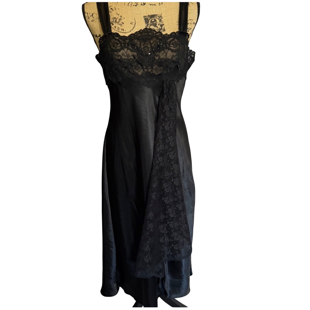 Val Mode Lingerie Satin Lace Nightgown Women M Black Goth Coquette Vintage 90s